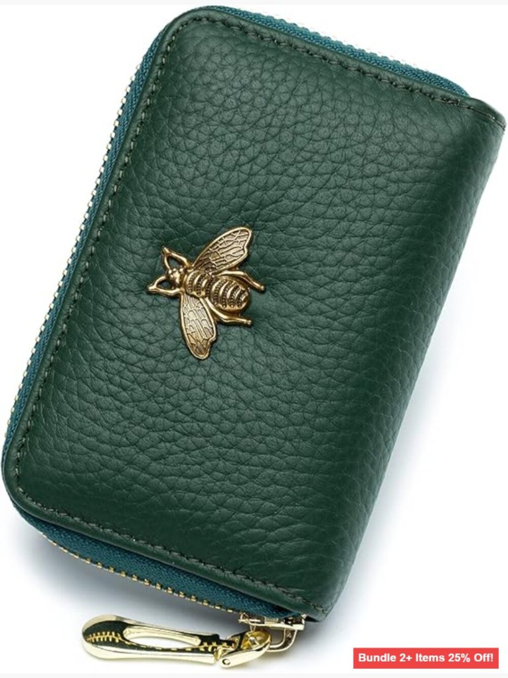 Genuine Leather RFID Zipper Card Case Wallet with Bee Decoration